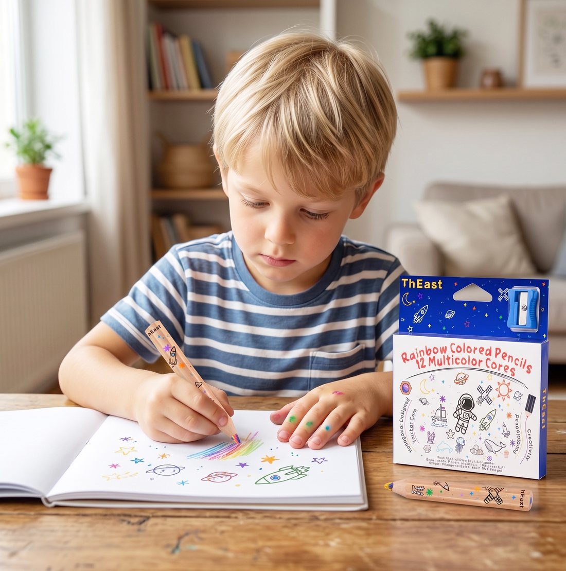 Boy coloring a space picture with ThEast toddler colored pencils