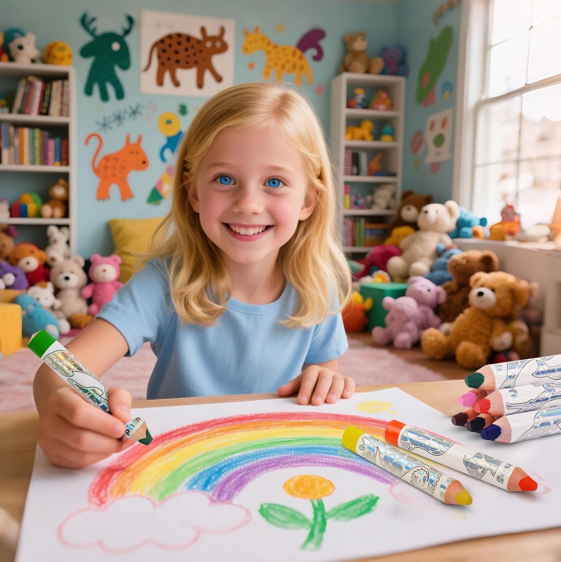 Girl drawing a rainbow and a flower