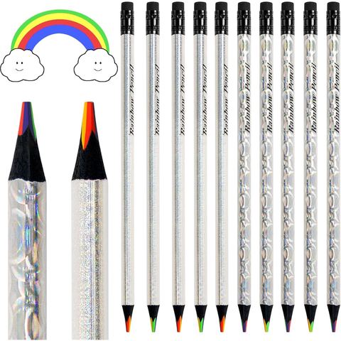 ThEast Holographic 4-in-1 Rainbow Pencils, 10 Pack, Black Wood