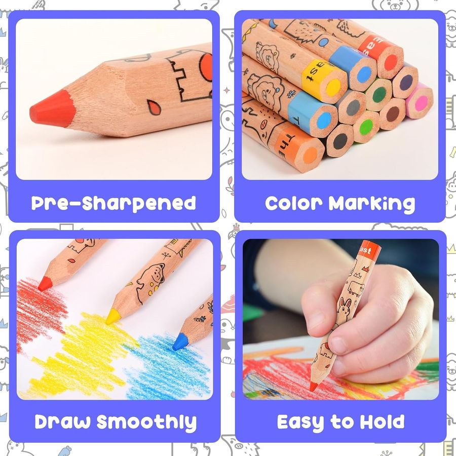 ThEast Short Thick Toddler Colored Pencils, 24 Count (2 Sets), Animal Doodle Barrels — view 2