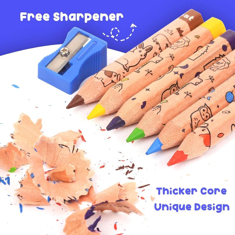 ThEast Short Thick Toddler Colored Pencils, 24 Count (2 Sets), Animal Doodle Barrels — view 3