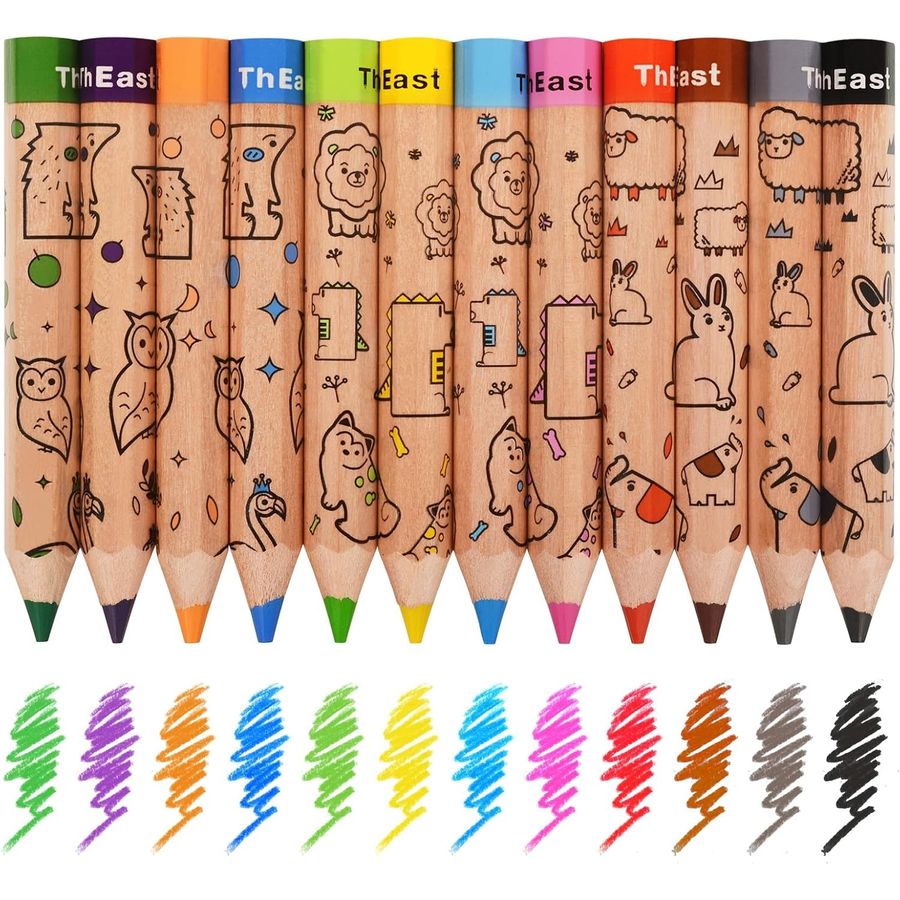 ThEast Toddler Colored Pencils, 12 Colors, Animal Doodle Barrels
