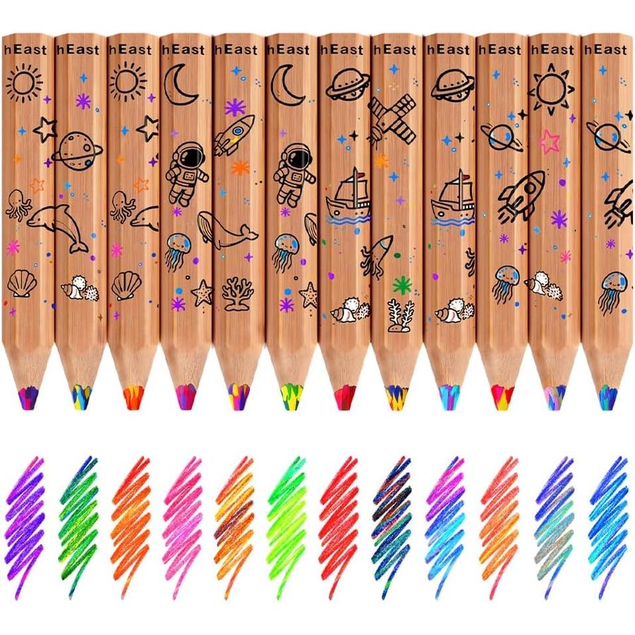 ThEast Toddler Rainbow-Core Colored Pencils, 12 Count, Space & Ocean Barrels