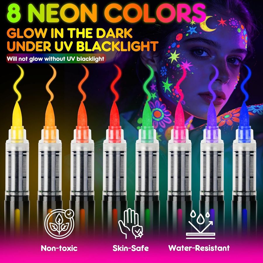 ThEast UV Blacklight Neon Face & Body Paint Markers, 8 Colors — view 2