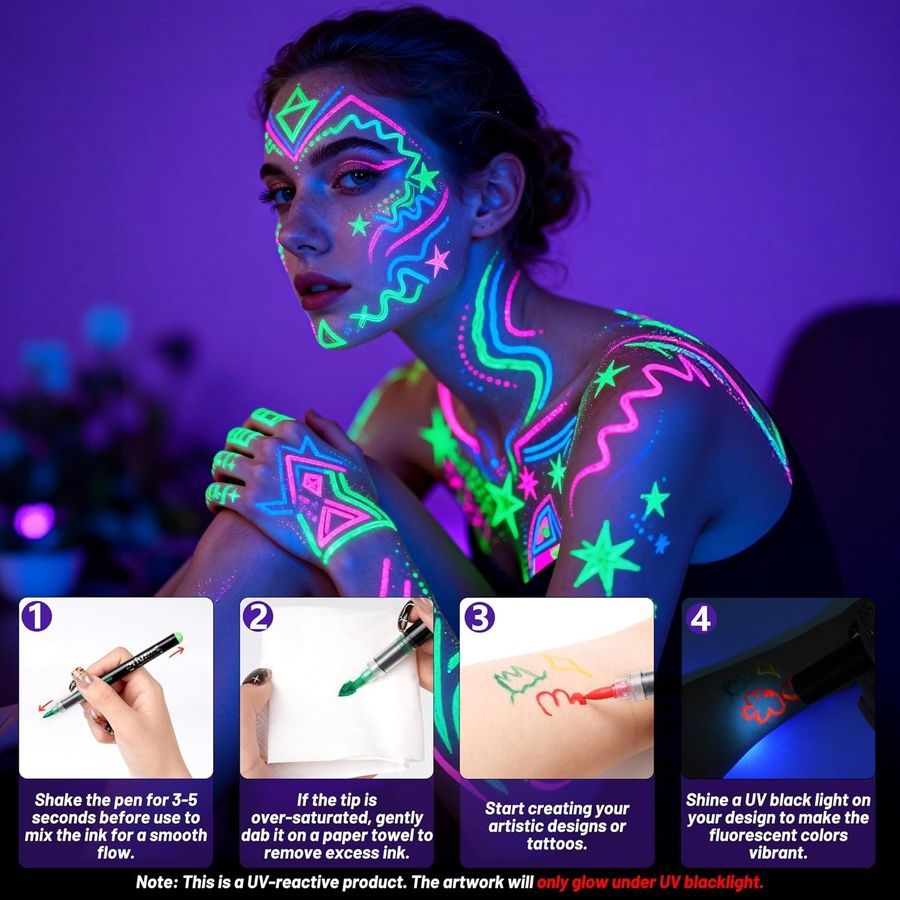 ThEast UV Blacklight Neon Face & Body Paint Markers, 8 Colors — view 5